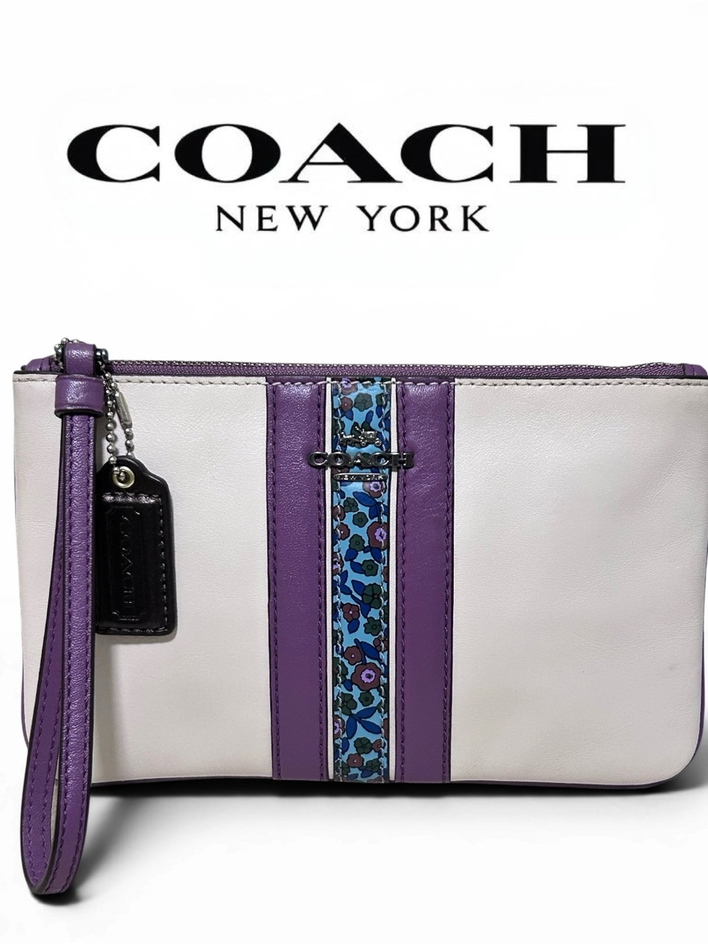 COACH Ranch Floral Stripe Smooth Leather Large Wristlet in Chalk